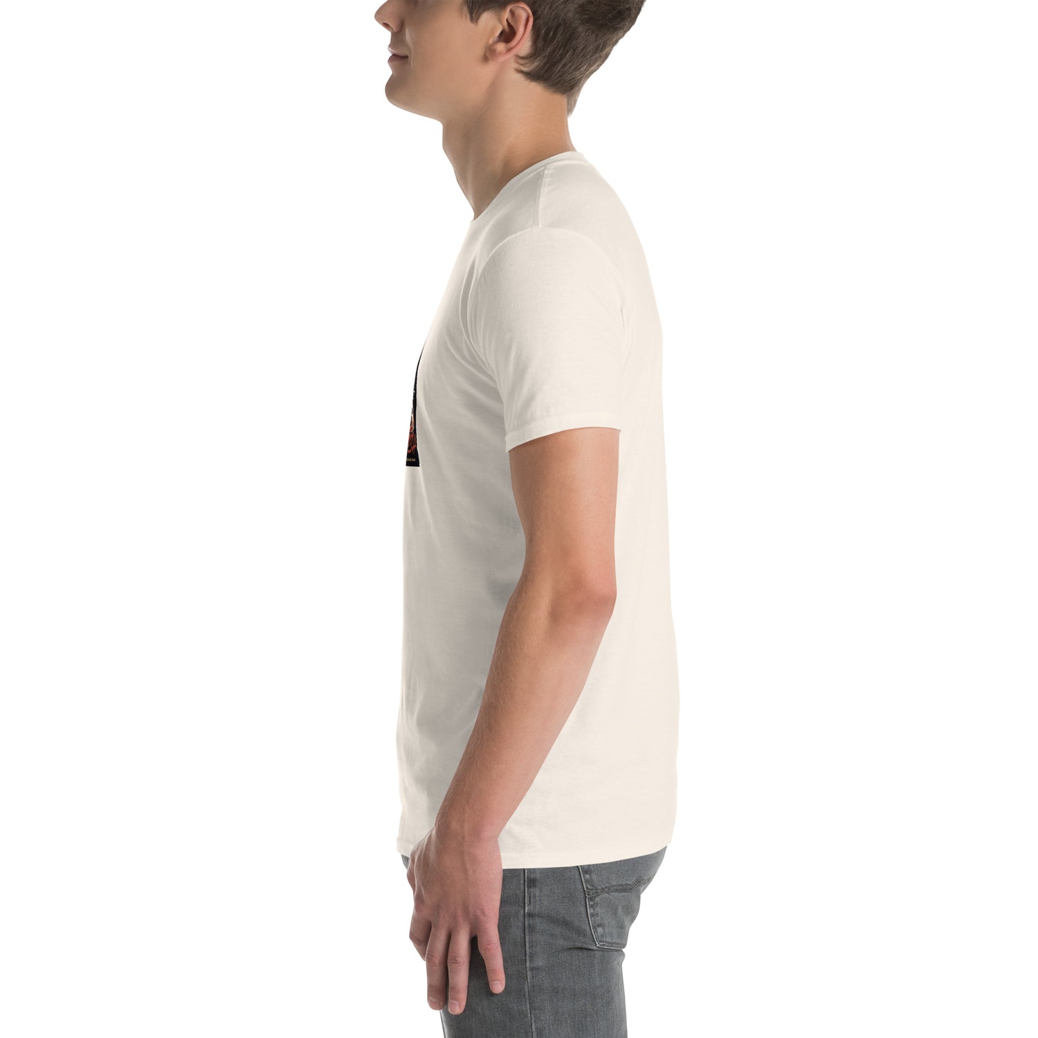 Unisex T-shirt in white, short sleeves; side view with partial graphic near the hem