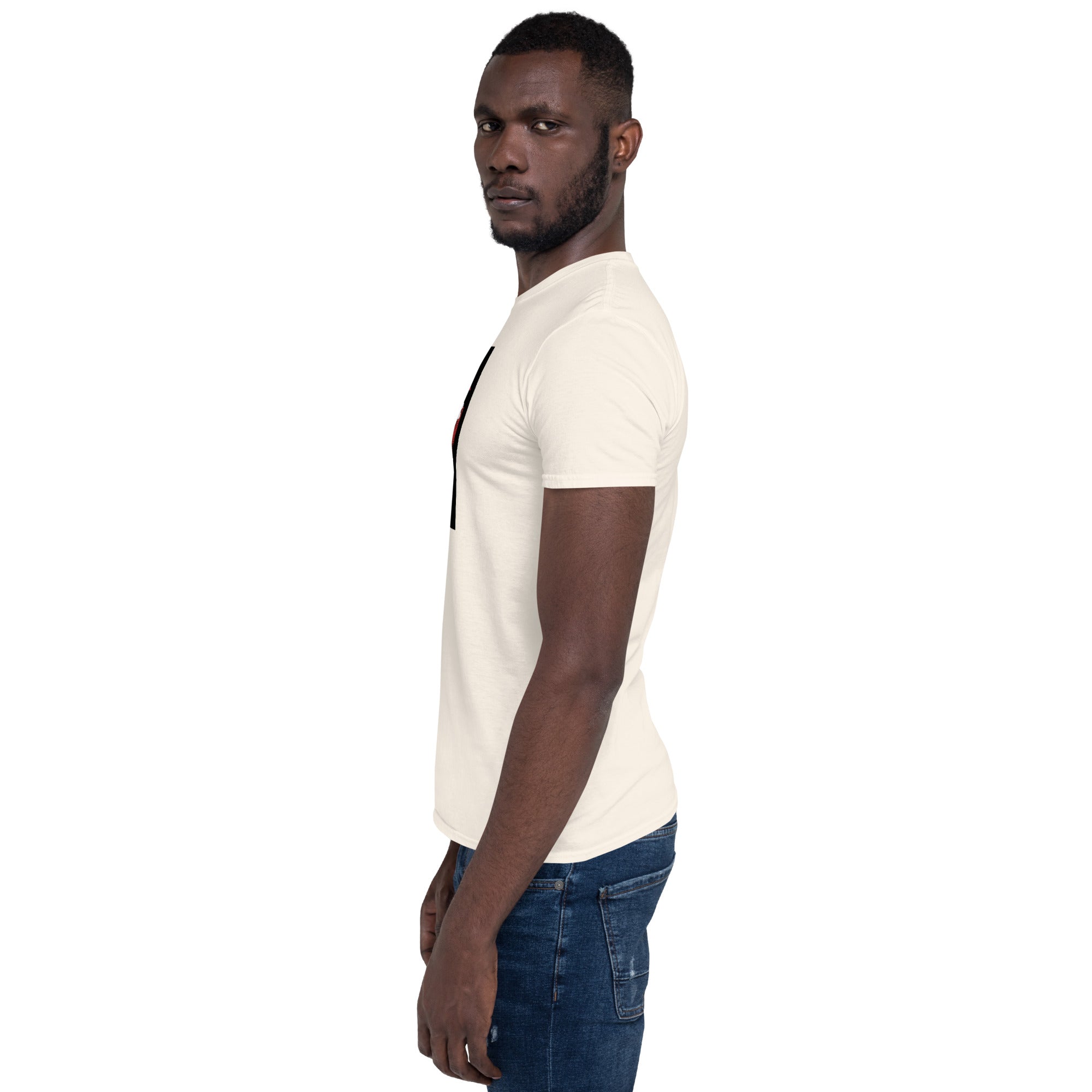 White unisex crew-neck T-shirt, side view with short sleeves