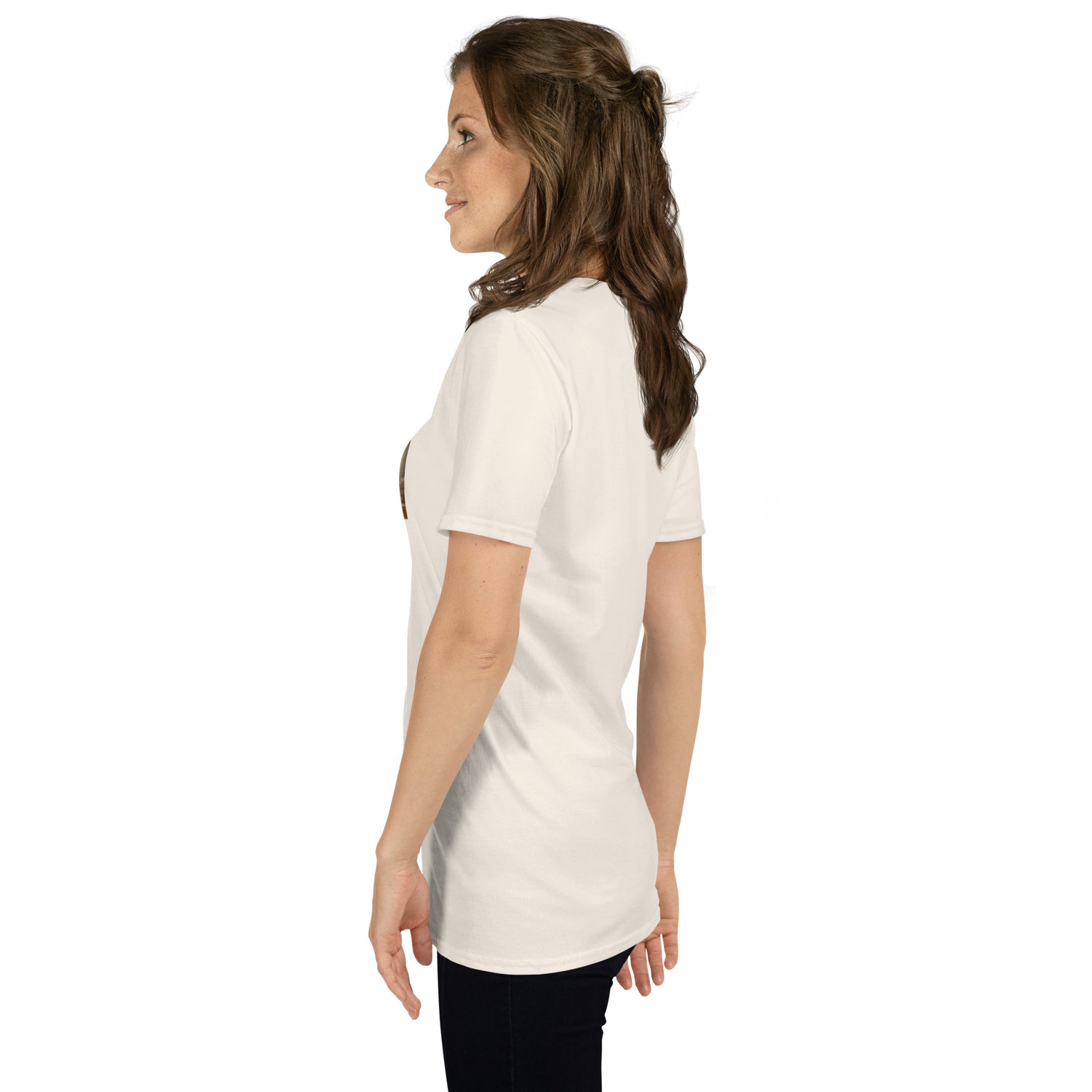White unisex short-sleeve T-shirt, side view; crew neck and smooth front