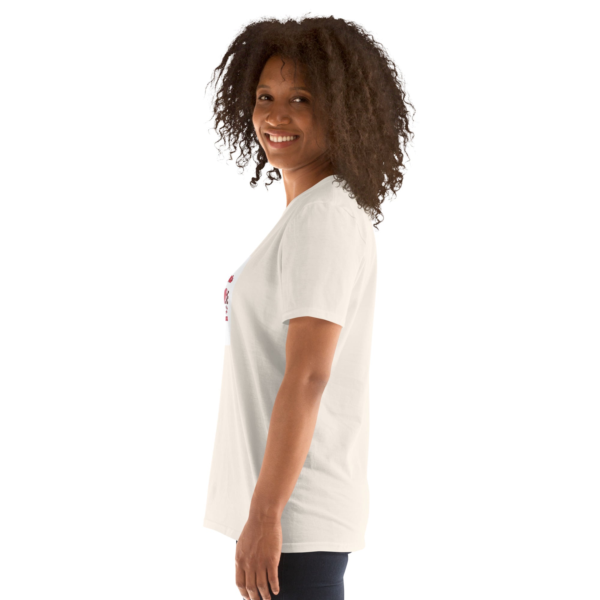 White unisex short-sleeve T-shirt, side view with small heart graphic at chest