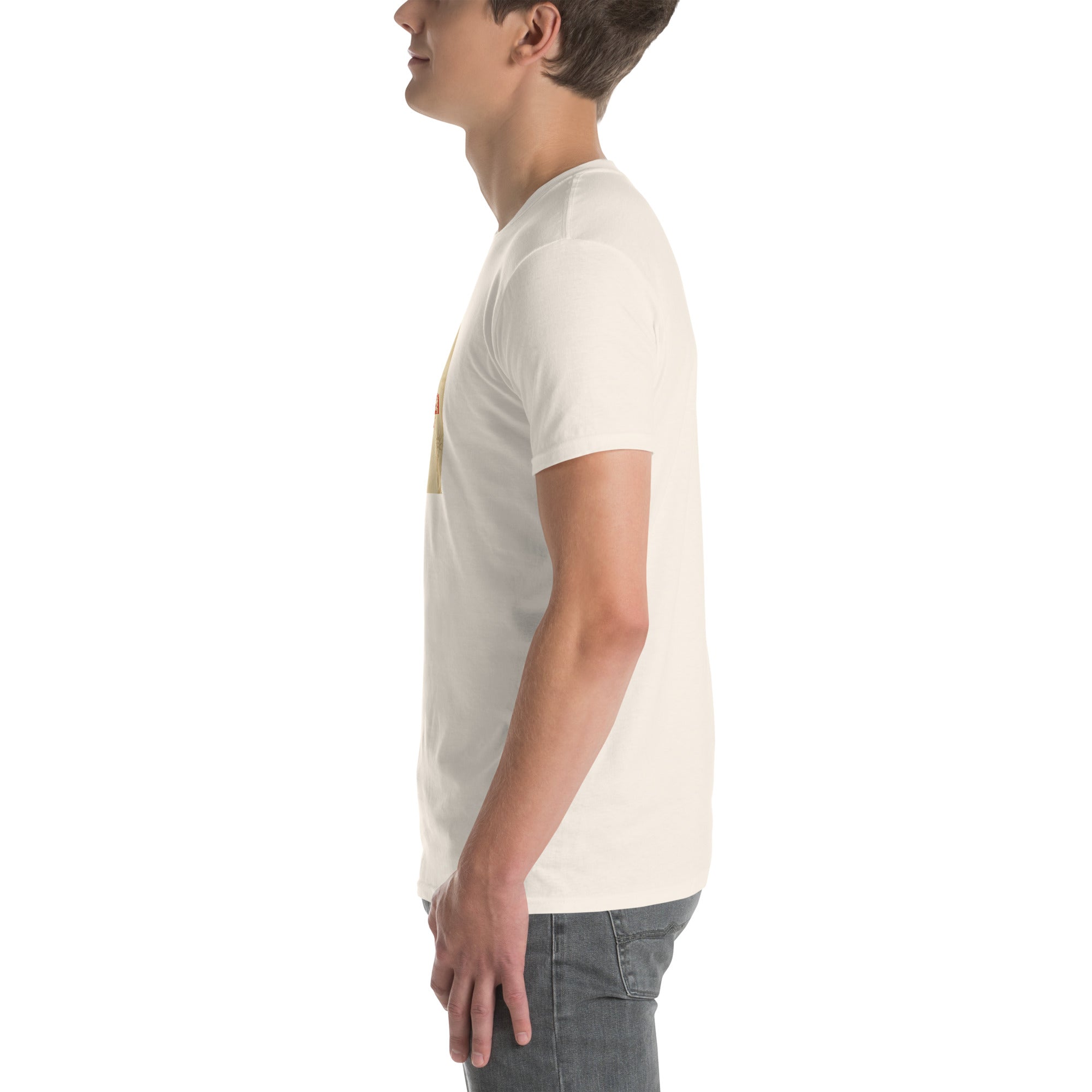 America Is A Scam T-shirt, white unisex short-sleeve, side view