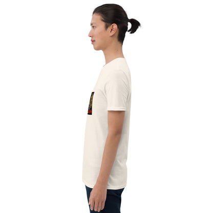 White unisex short-sleeve T-shirt with colorful rectangular graphic on back