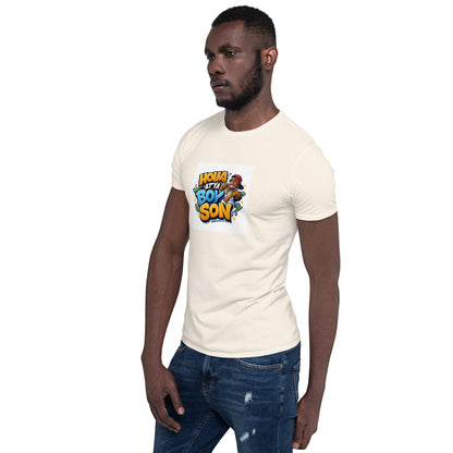 Holla At Ya Boy Son T-shirt unissex, manga curta, cor branca, estampa frontal colorida