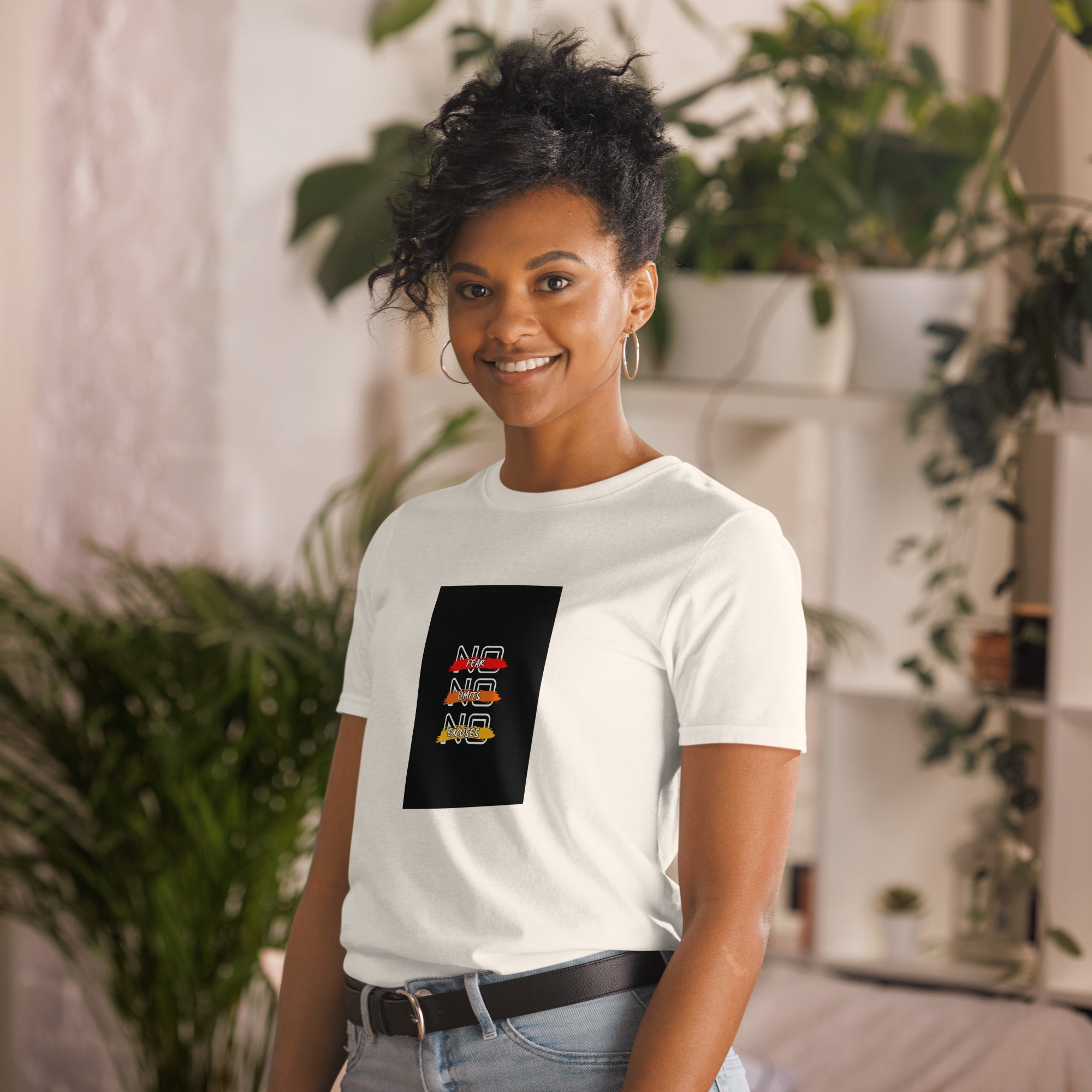 White crew-neck unisex T-shirt with square logo artwork on the front