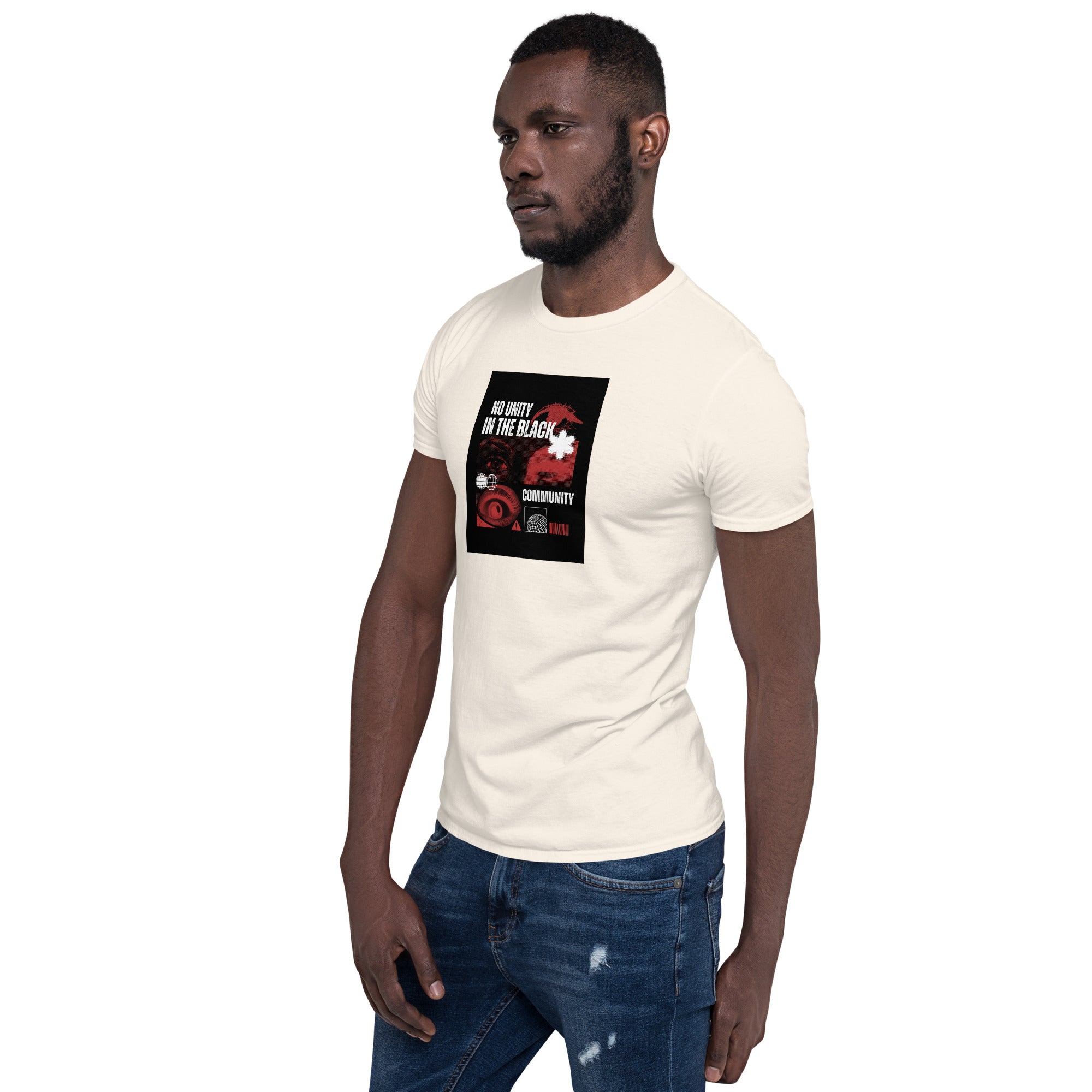 White unisex crew-neck T-shirt with front graphic print, short sleeves