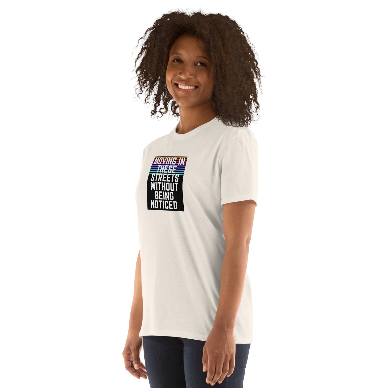 Moving In These Streets short-sleeve unisex T-Shirt, white front with square slogan print
