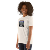 Unisex short-sleeve T-shirt, white, front graphic with stacked text