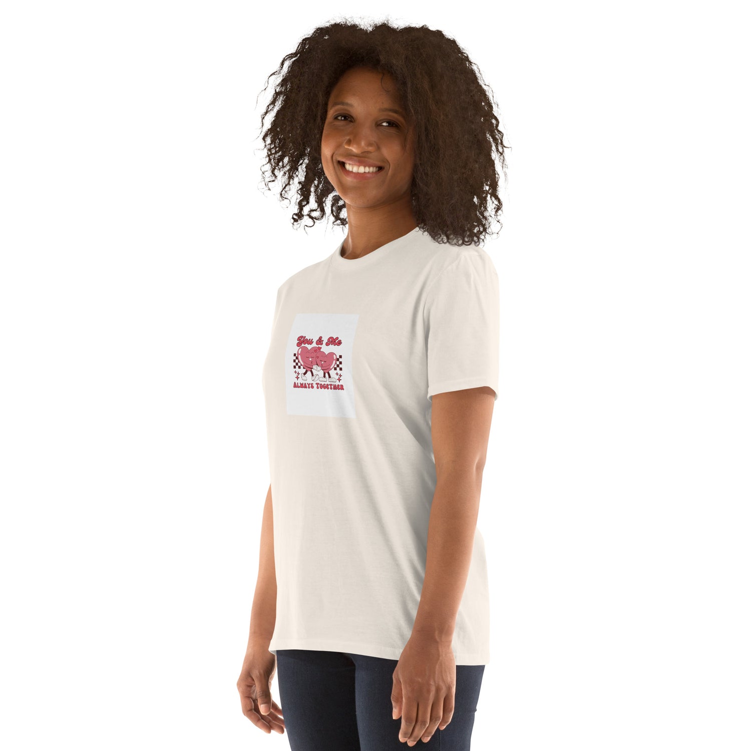 White unisex T-shirt with chest heart graphic and “Always together” text