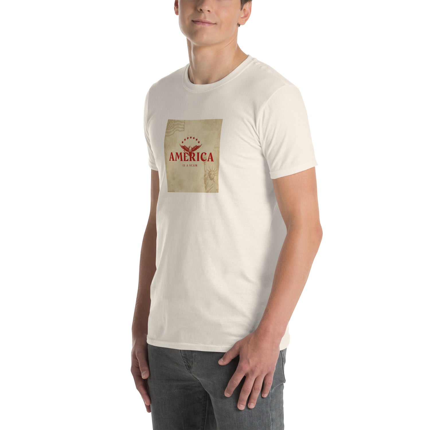 America Is A Scam T-shirt, white unisex, front square logo print