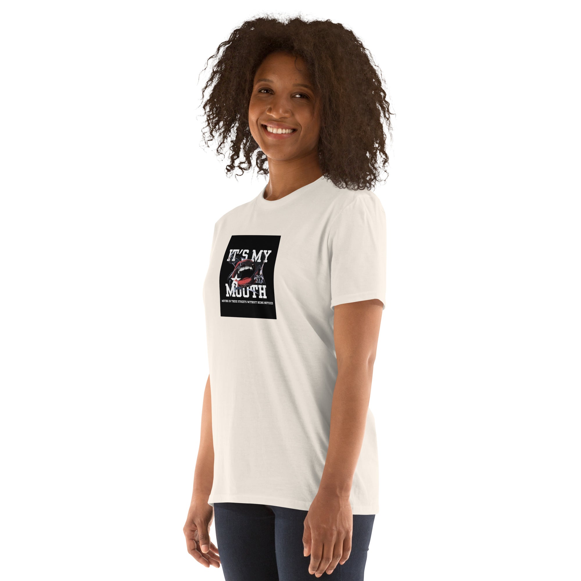 White short-sleeve unisex T-shirt, front graphic square on left chest