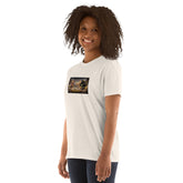 White crew-neck tee with short sleeves and chest graphic patch, front view