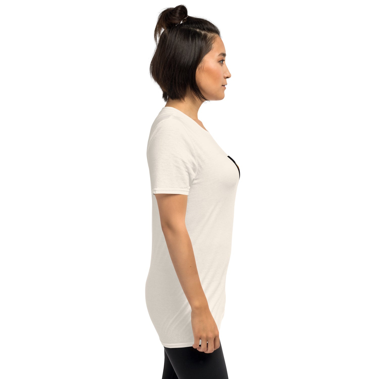 White unisex T-shirt side profile, smooth fabric and short sleeve hem