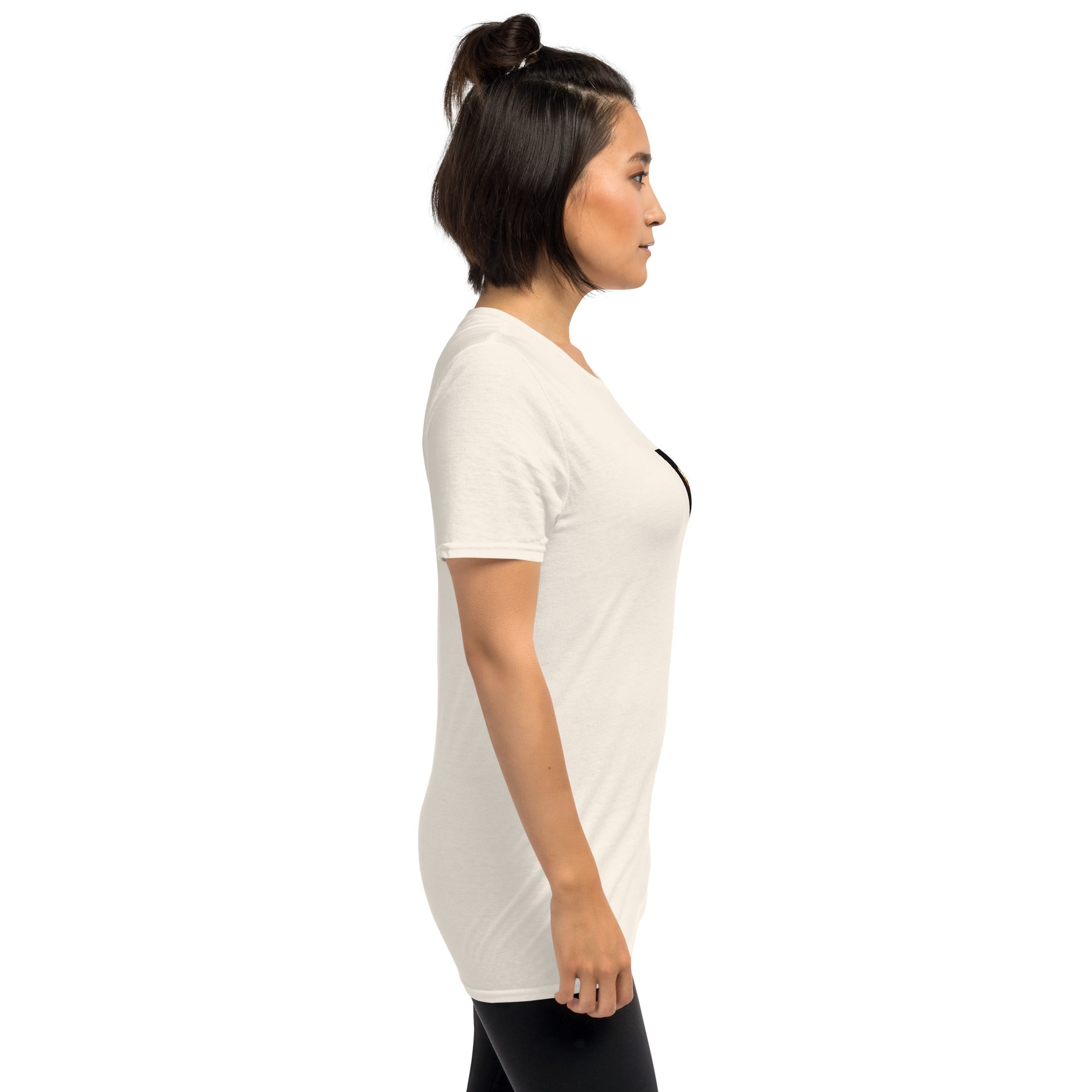 White unisex T-shirt side profile, smooth fabric and short sleeve hem