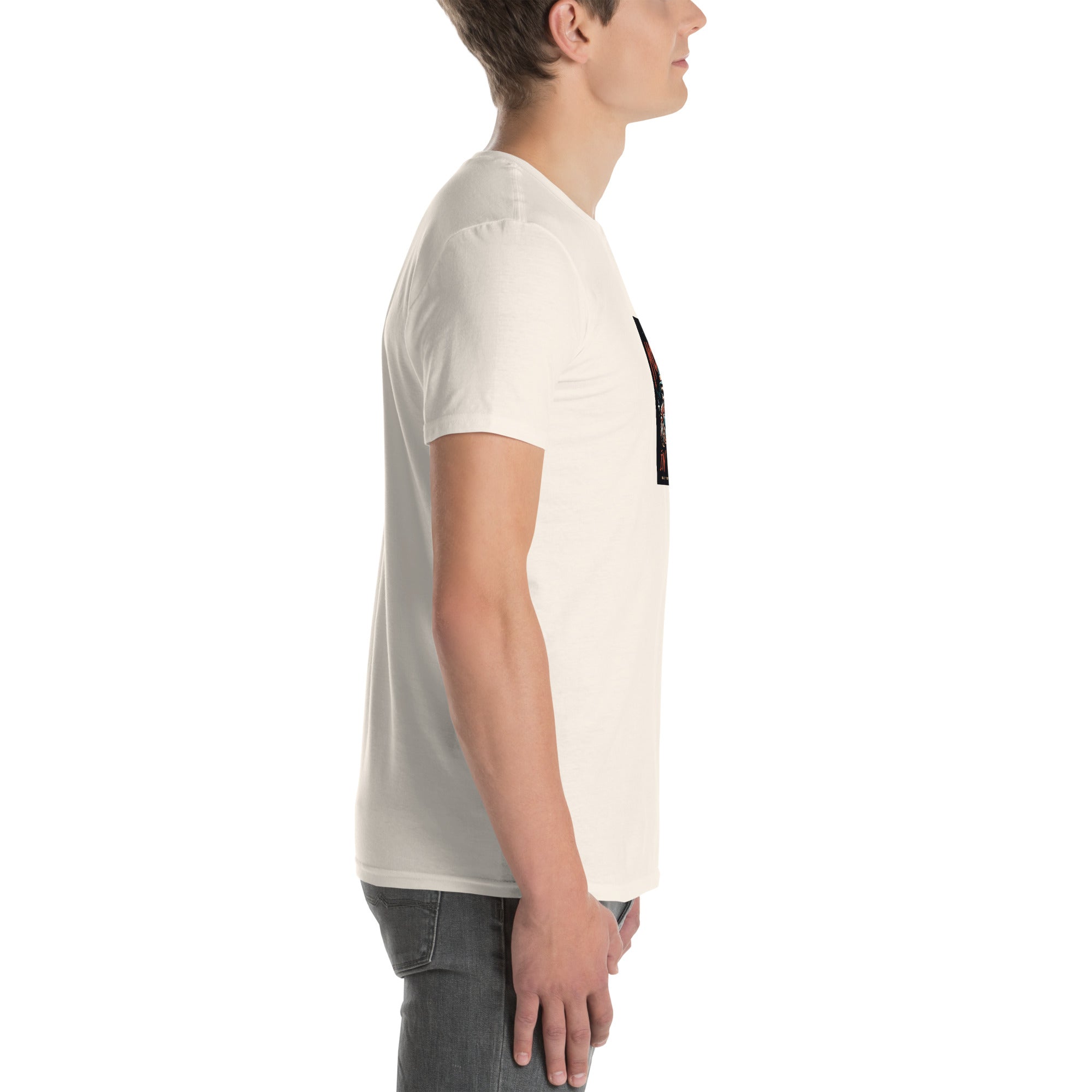 Unisex T-shirt in white, short sleeves; back/side view from shoulder to waist
