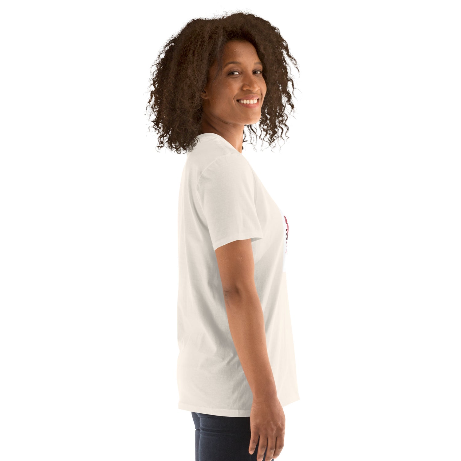 White unisex T-shirt, other side view with small red/pink heart graphic