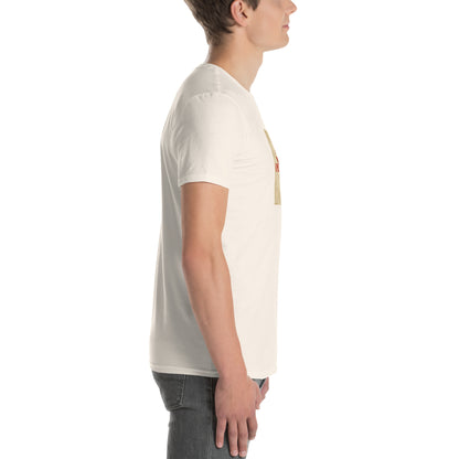 America Is A Scam T-shirt, white unisex short-sleeve, rear-side view