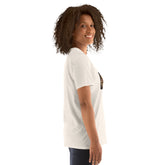 White crew-neck tee with short sleeves and chest graphic patch, profile view