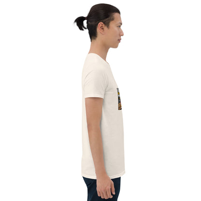 White unisex short-sleeve T-shirt with colorful rectangular graphic on back in profile