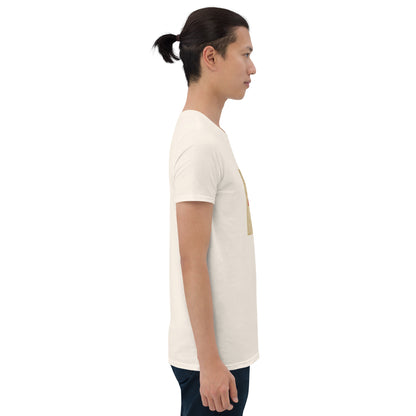 Unisex white graphic tee, side view with square America chest print