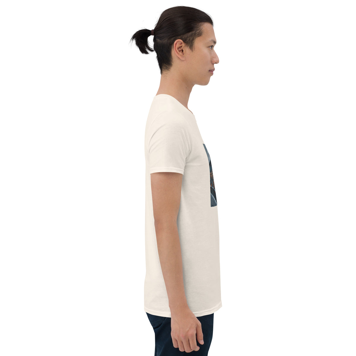 Cream graphic tee with rectangular jail-bar style print, short sleeves, crew neck
