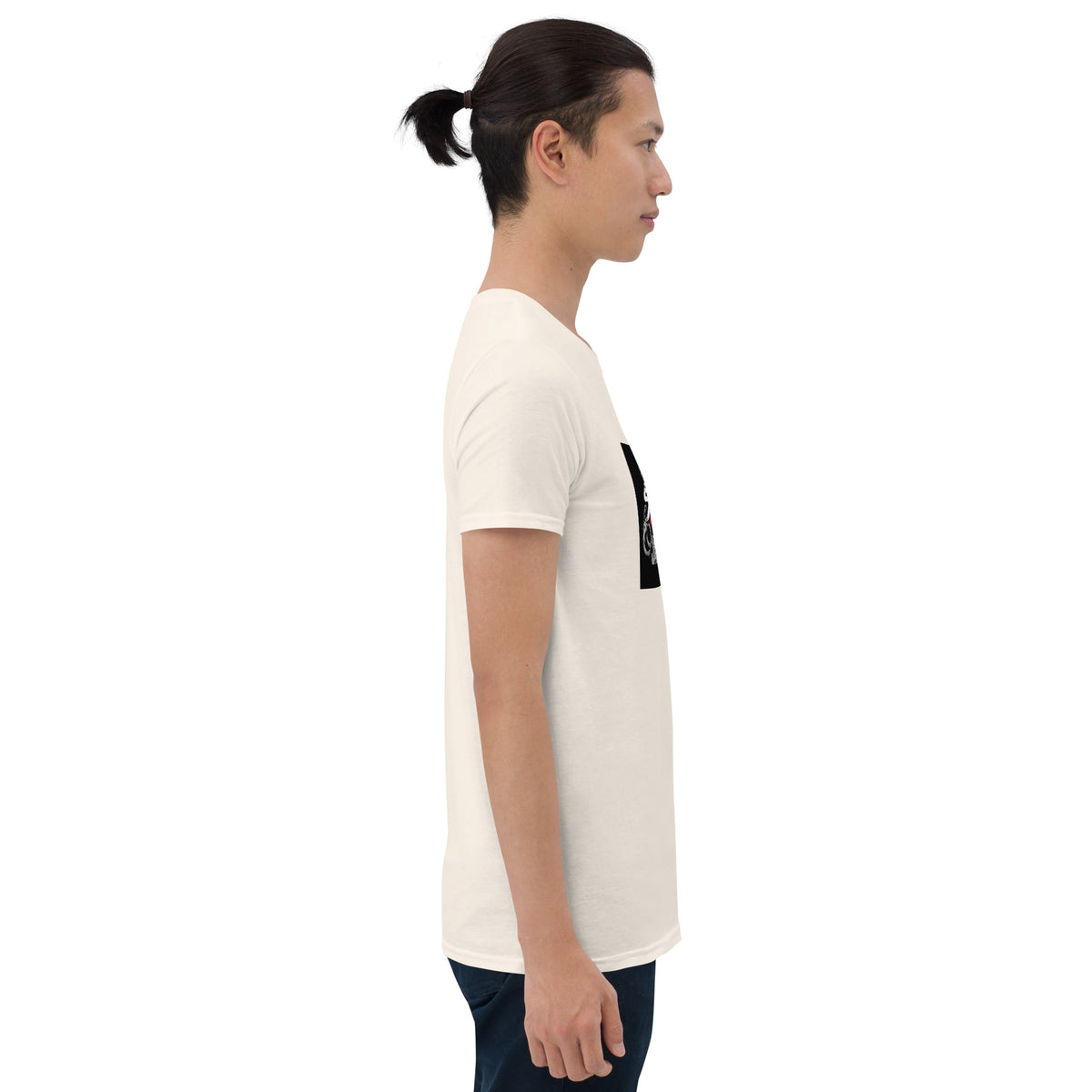 White unisex graphic T-shirt shown from the side, short sleeves, crew neck
