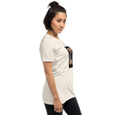 Unisex T-shirt, pale pink, side view, left sleeve graphic, crew neck, short sleeves