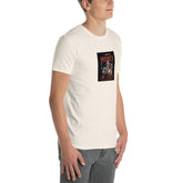 Unisex short-sleeve t-shirt in white with square chest graphic, front view