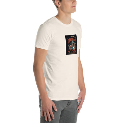 White unisex T-shirt with front square graphic reading “MONEY IN CASH”