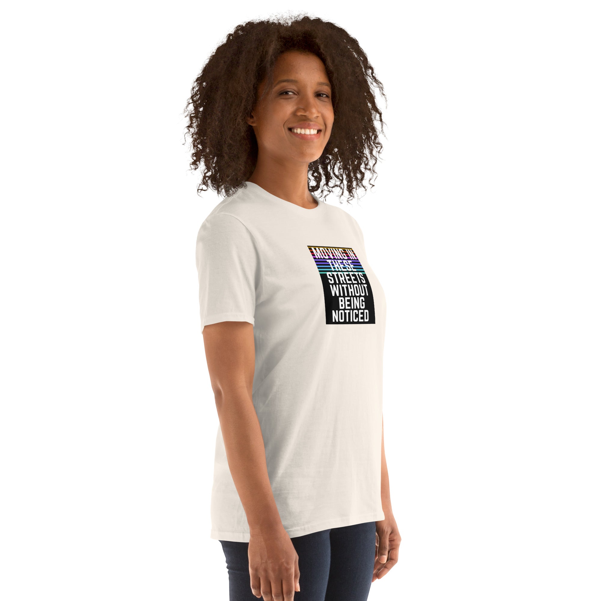 Moving In These Streets short-sleeve unisex T-Shirt, white front close-up of square slogan print