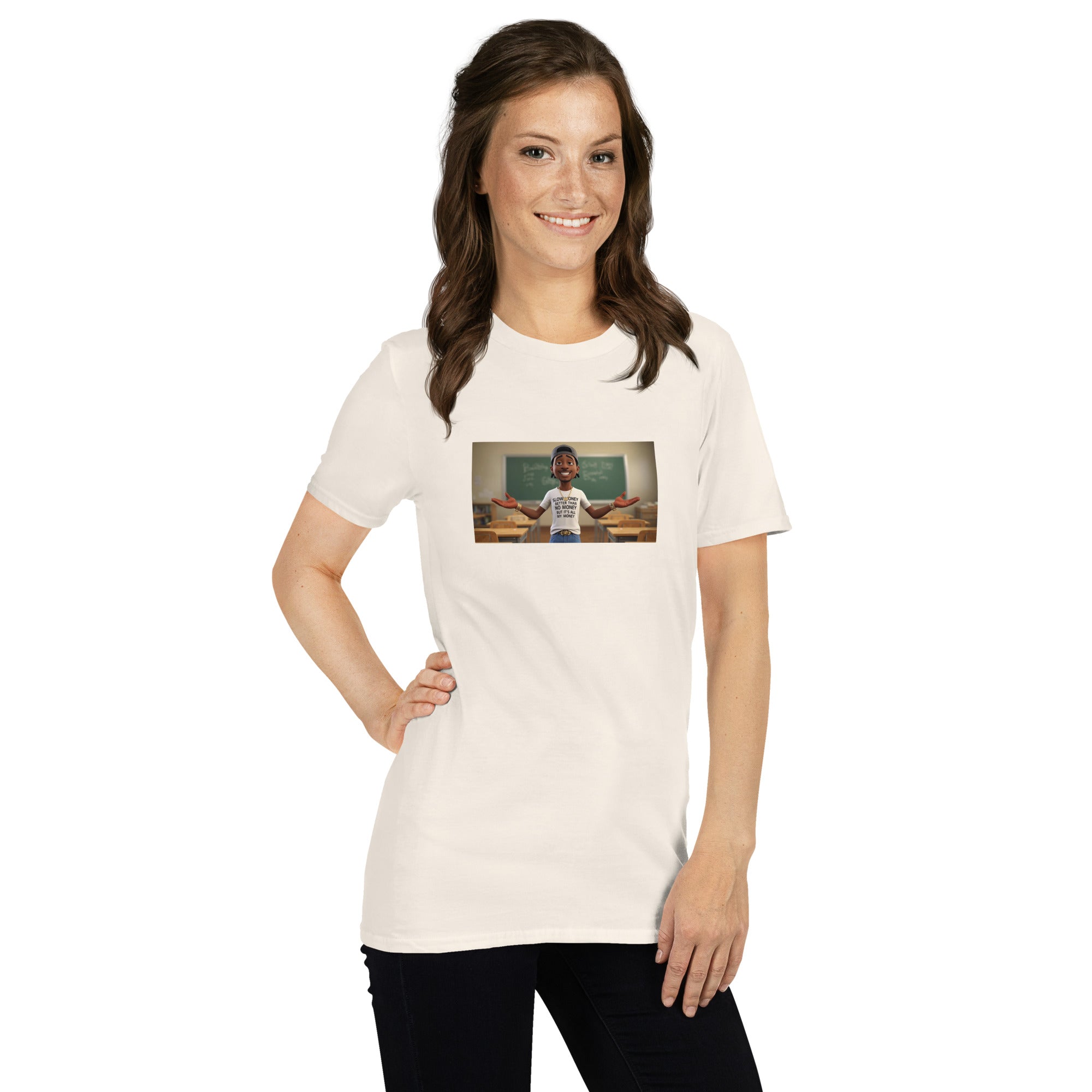 White unisex T-shirt, front view; chest graphic in a rectangular print