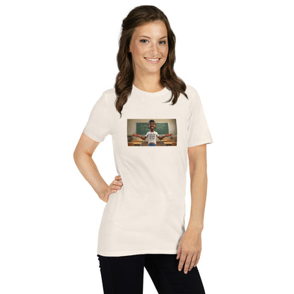 White unisex T-shirt, front view; chest graphic in a rectangular print