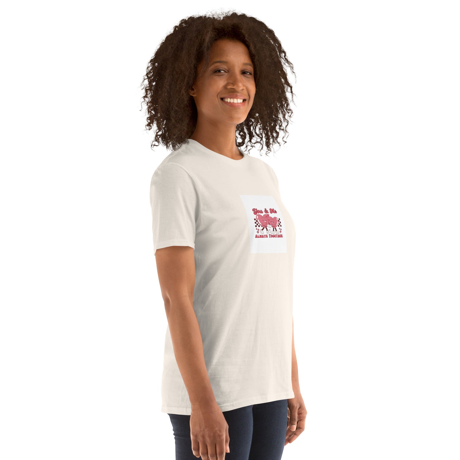 White unisex short-sleeve T-shirt with heart graphic on left chest