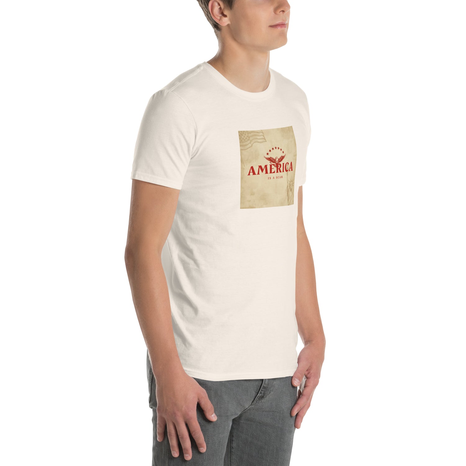 America Is A Scam T-shirt, white, front graphic square print