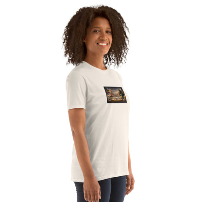 Premium T-shirt in white, front view with square chest graphic