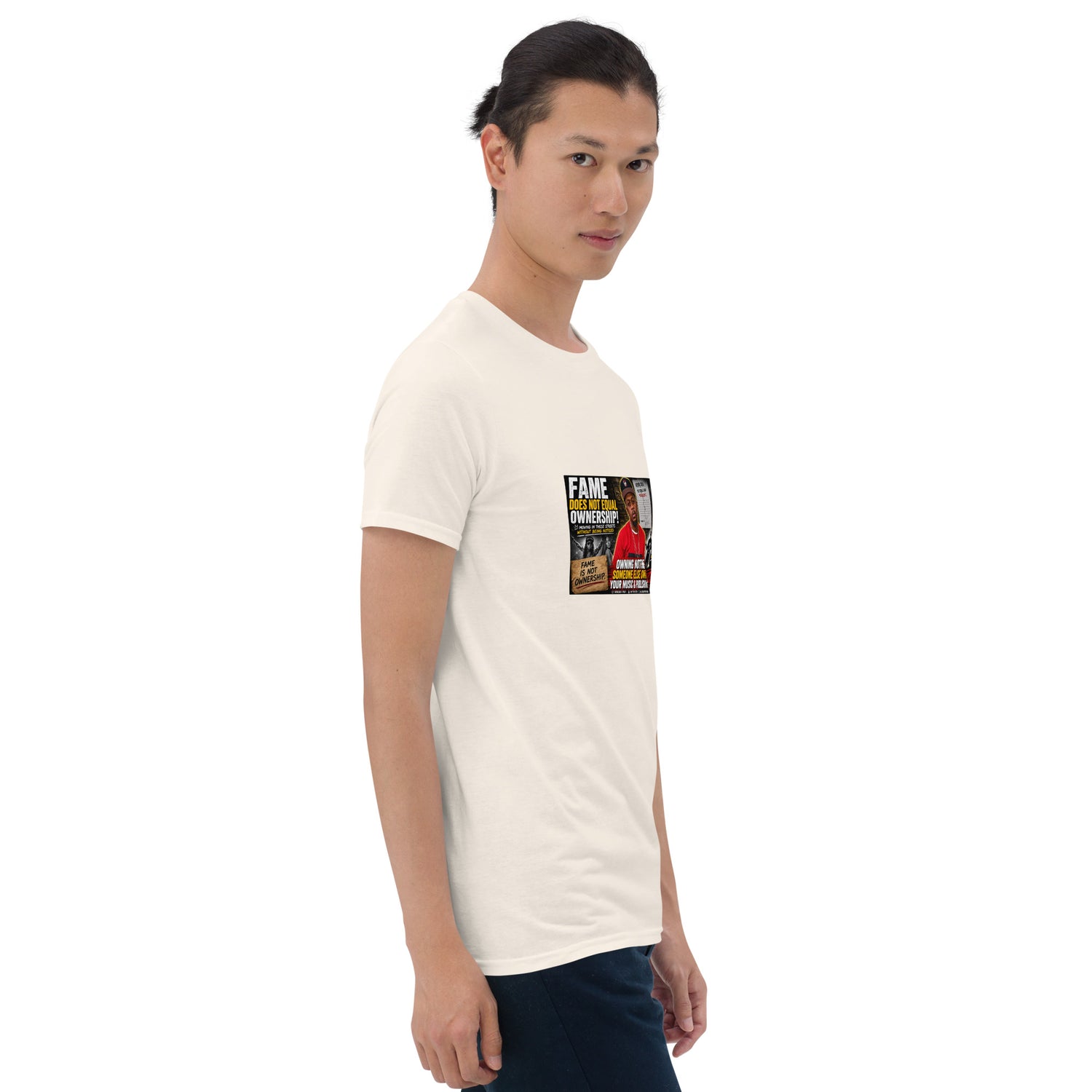 White unisex short-sleeve T-shirt with colorful rectangular graphic print on front chest