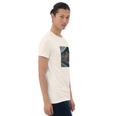 Cream crew-neck graphic tee with rectangular jail-bar style print on the chest