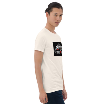 White unisex graphic T-shirt with rectangular black chest print, short sleeves