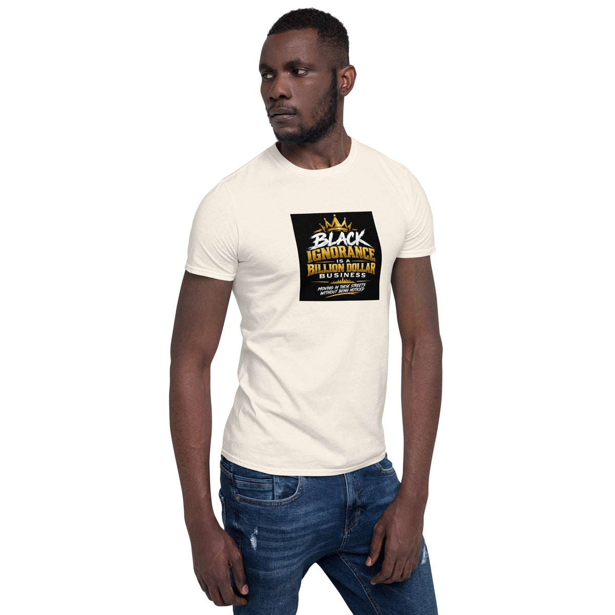 Cream unisex short-sleeve T-shirt with chest graphic, straight-on view.