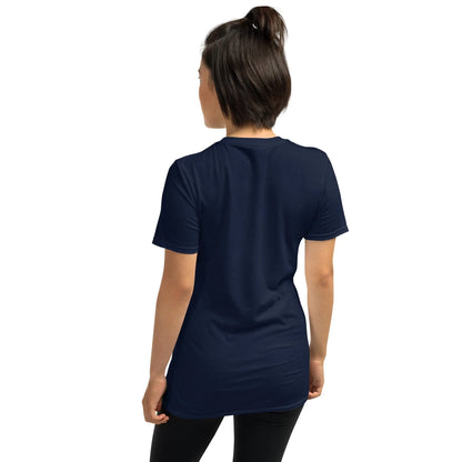 Back view of navy unisex T-shirt with crew neck