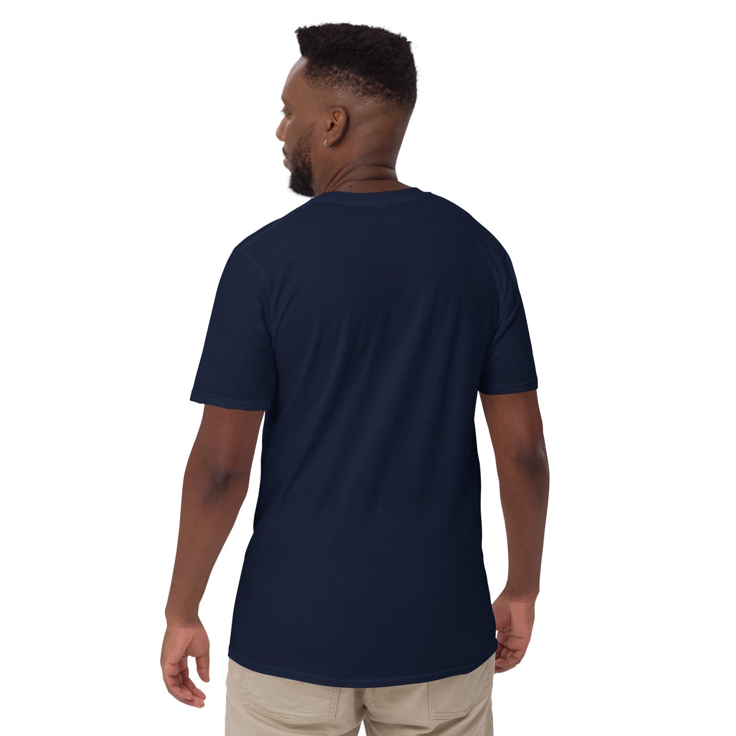 Navy unisex T-shirt back view, plain back with short sleeves