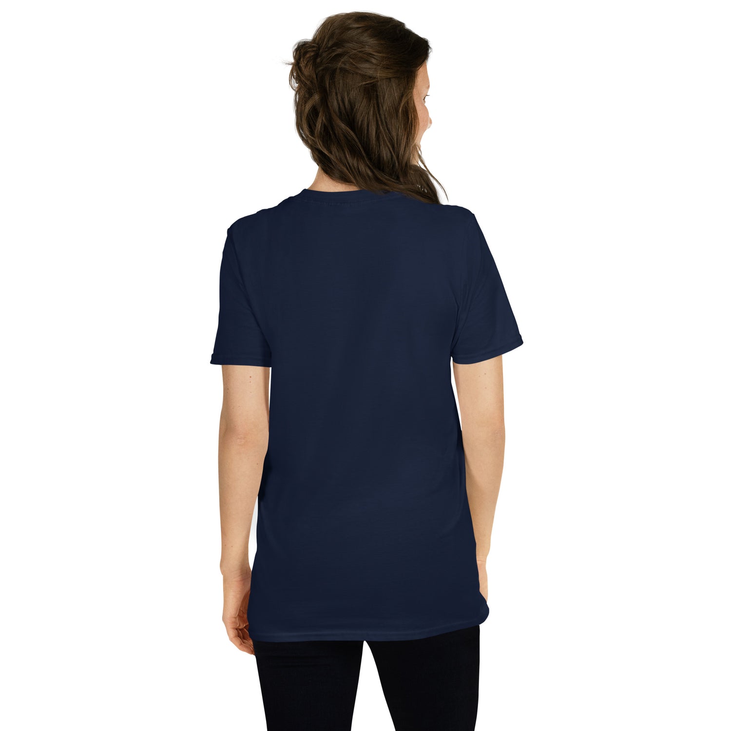 Navy unisex T-shirt back view, short sleeves, crew neckline