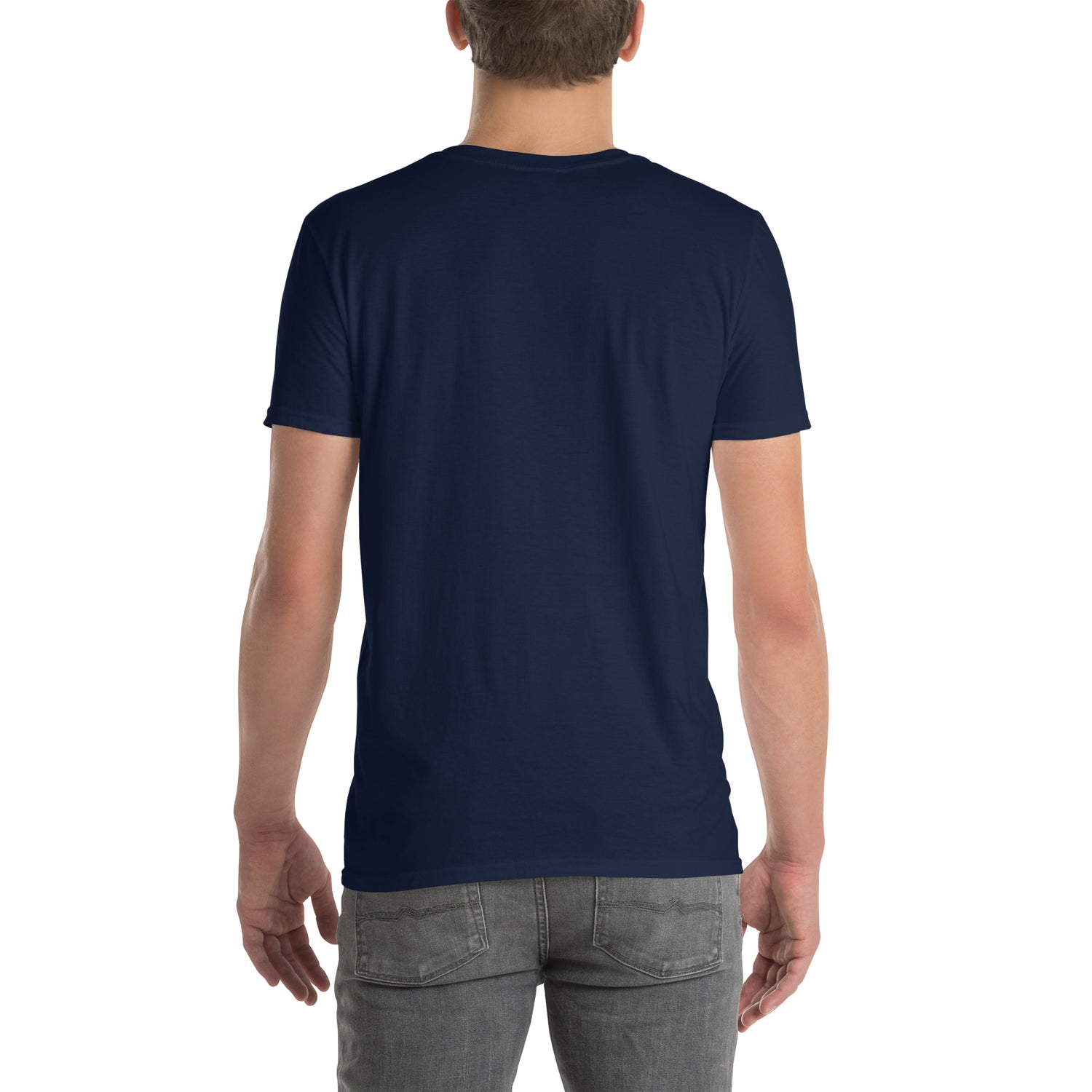 America Is A Scam T-shirt, navy, back view without graphic