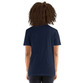 Navy crew-neck t-shirt with short sleeves, shown from the back