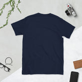 Navy crewneck tee, no front graphic, back view