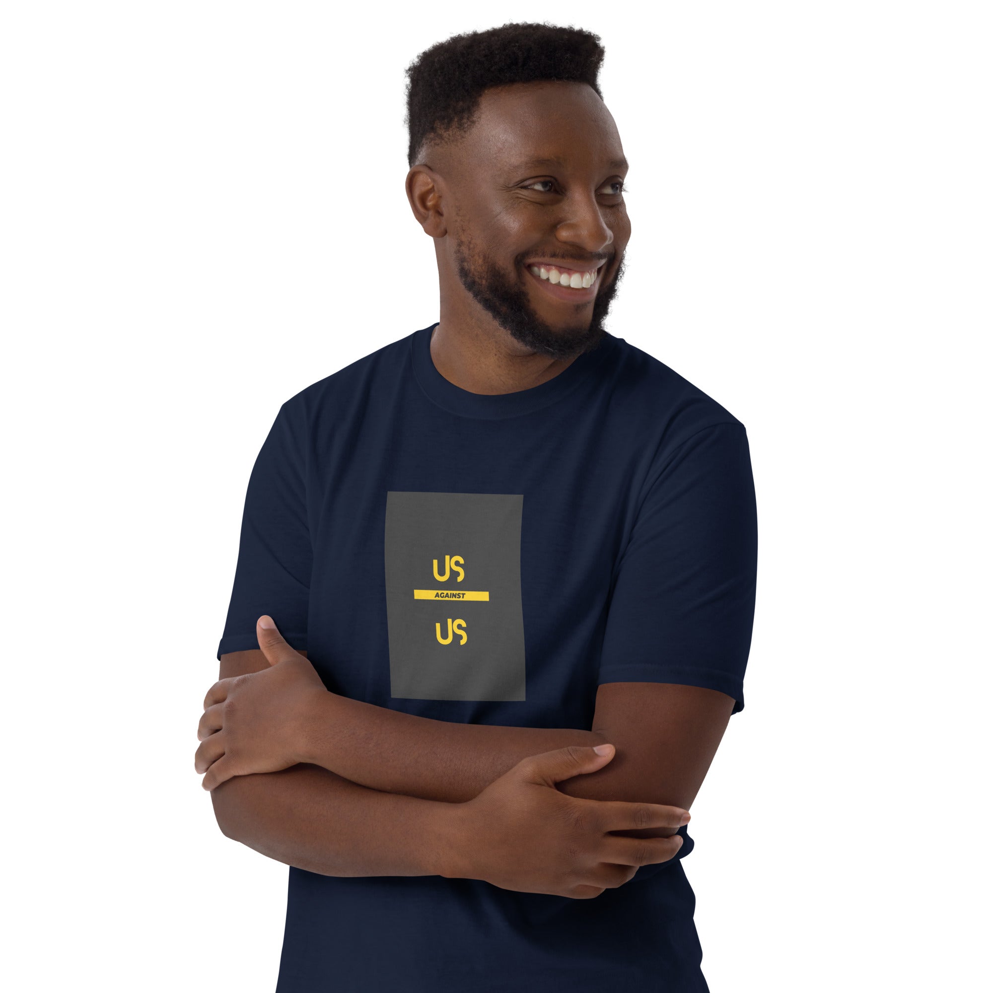 Navy unisex T-shirt, front “US against US” square print with yellow “US” text