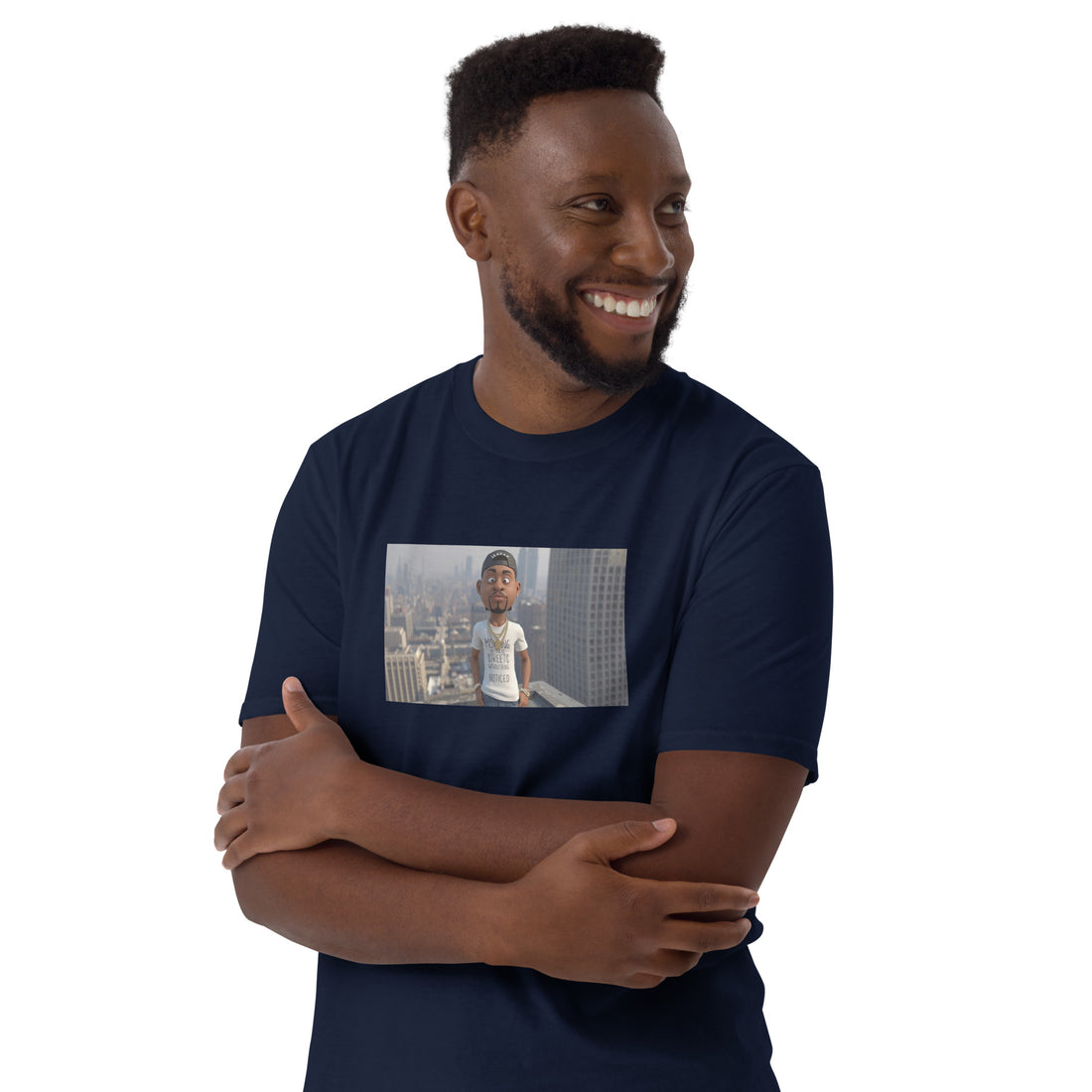 Unisex short-sleeve T-shirt (navy) with front photo graphic, side view