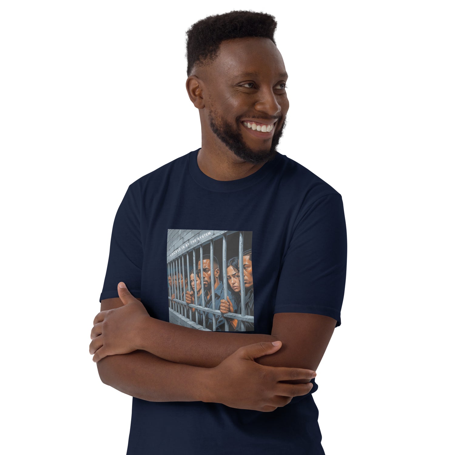 Navy unisex T-shirt, arms crossed view, front graphic square