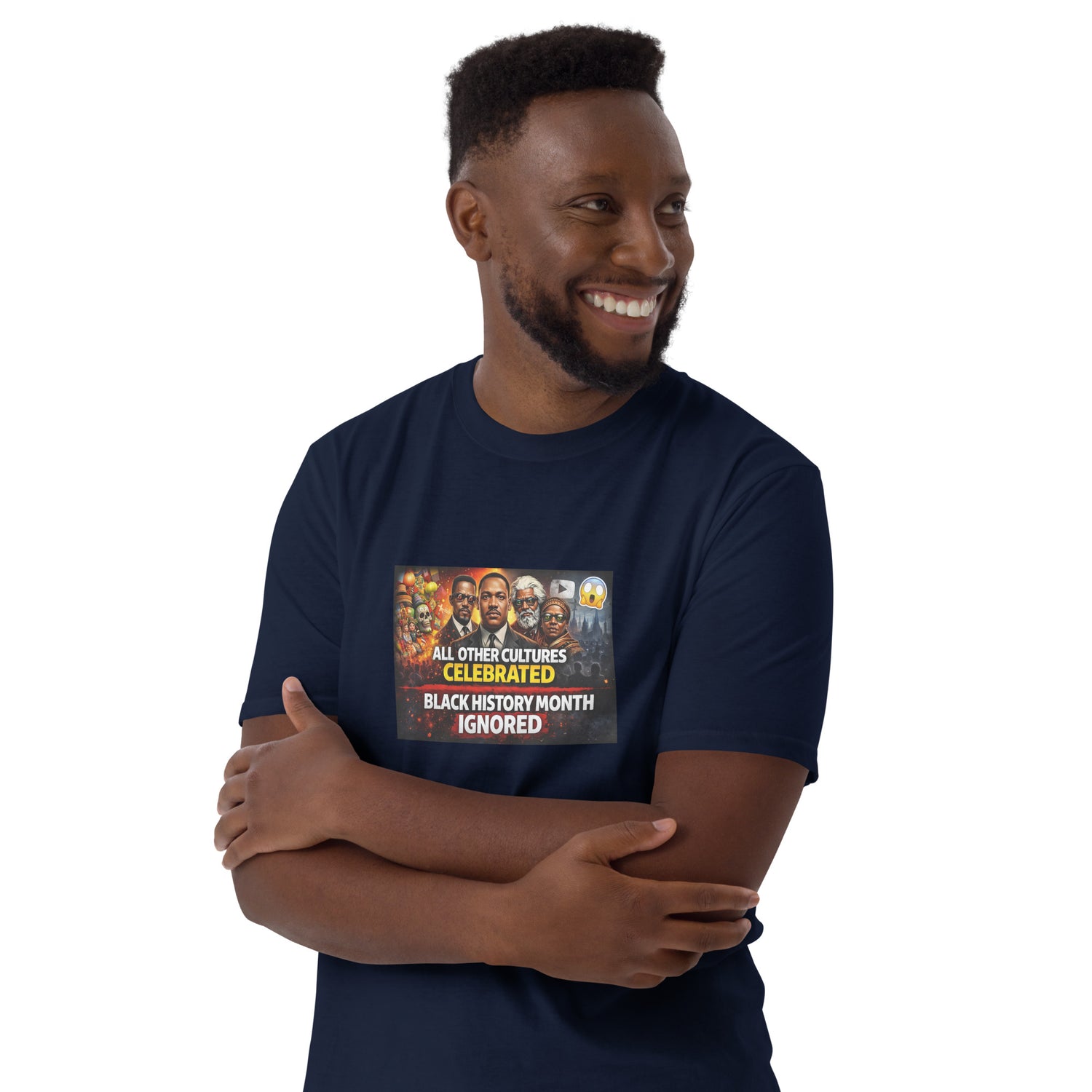 Navy unisex short-sleeve T-shirt with centered “BLACK HISTORY MONTH IGNORED” print.