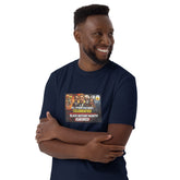Navy unisex short-sleeve T-shirt with front graphic and “Black History Month” slogan.