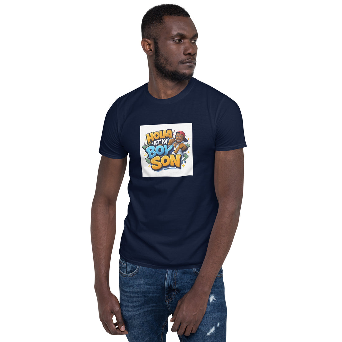 Navy unisex short-sleeve T-shirt with colorful “Holla at Ya Boy Son” front graphic